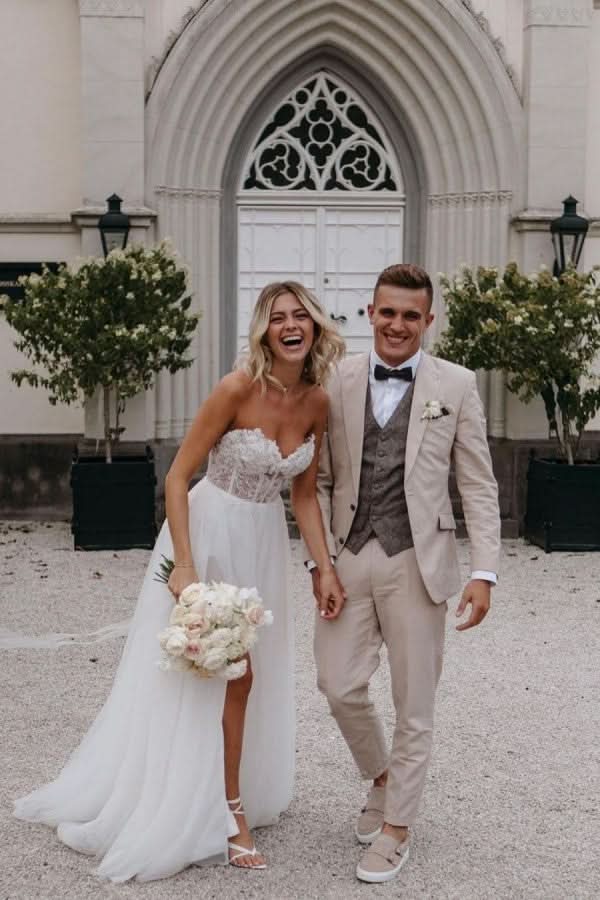 Gorgeous Long A-line Wedding Dress Sweetheart Front Slit With Lace Tulle BM bride
