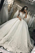 Sheer Tulle Ball Gown Wedding Dress With Appliques Short Sleeves BM bride