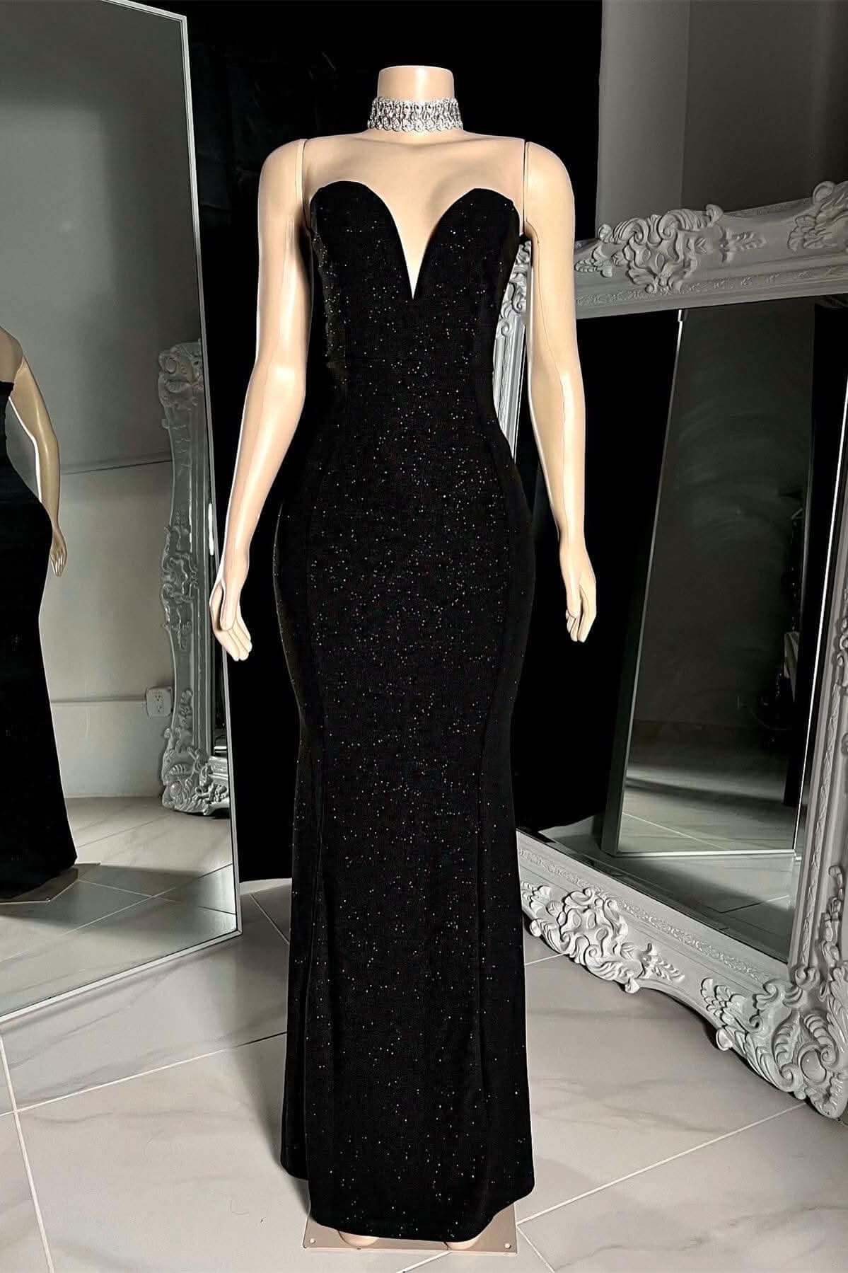 Sleeveless Black V Neck Mermaid Prom Dress Sequins Strapless BM bride