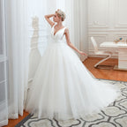 Wide Strap Deep V-Neck Floor-Length A-Line Wedding Dress with Tulle BM bride