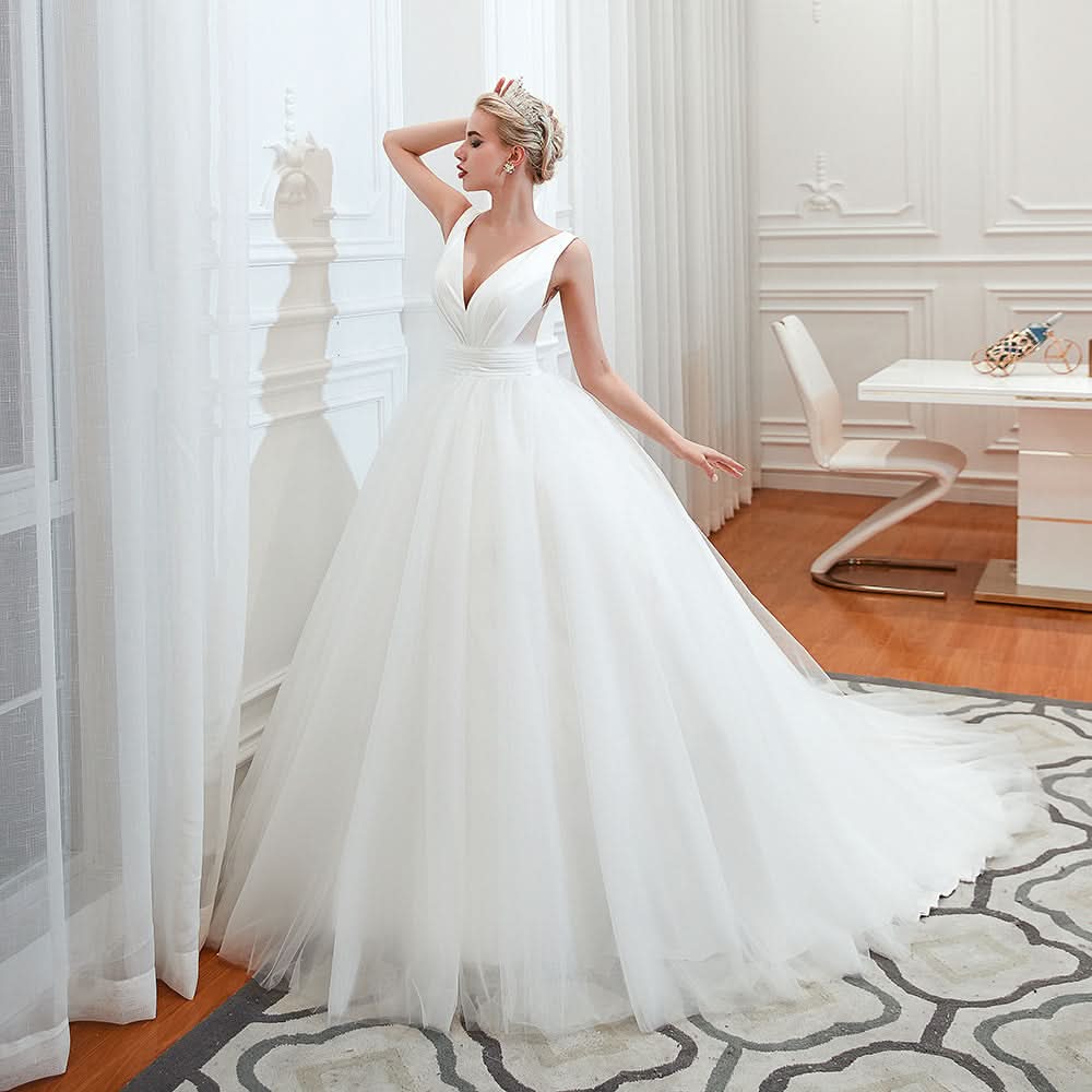 Wide Strap Deep V-Neck Floor-Length A-Line Wedding Dress with Tulle BM bride