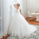 Wide Strap Deep V-Neck Floor-Length A-Line Wedding Dress with Tulle BM bride