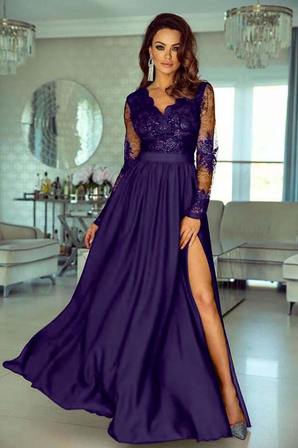 Charming V Neck Long Sleeves Lace A Line Long Prom Dress With Side Split BMBRIDE
