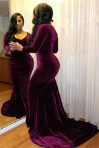 Long Sleeves V Neck Purple Mermaid Prom Dress With Pleated
