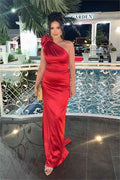 Glamorous Red Satin One Shoulder Sleeveless Long Prom Dress With Pleated