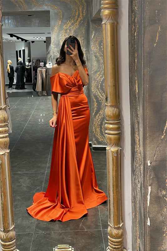 Orange Sweetheart Off the Shoulder Mermaid  Prom Dress With Ruffles
