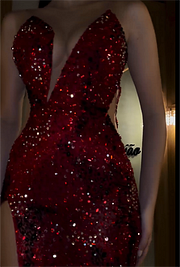 Stunning Red Sequins Strapless Sleeveless Long Split Prom Dress with Beadings