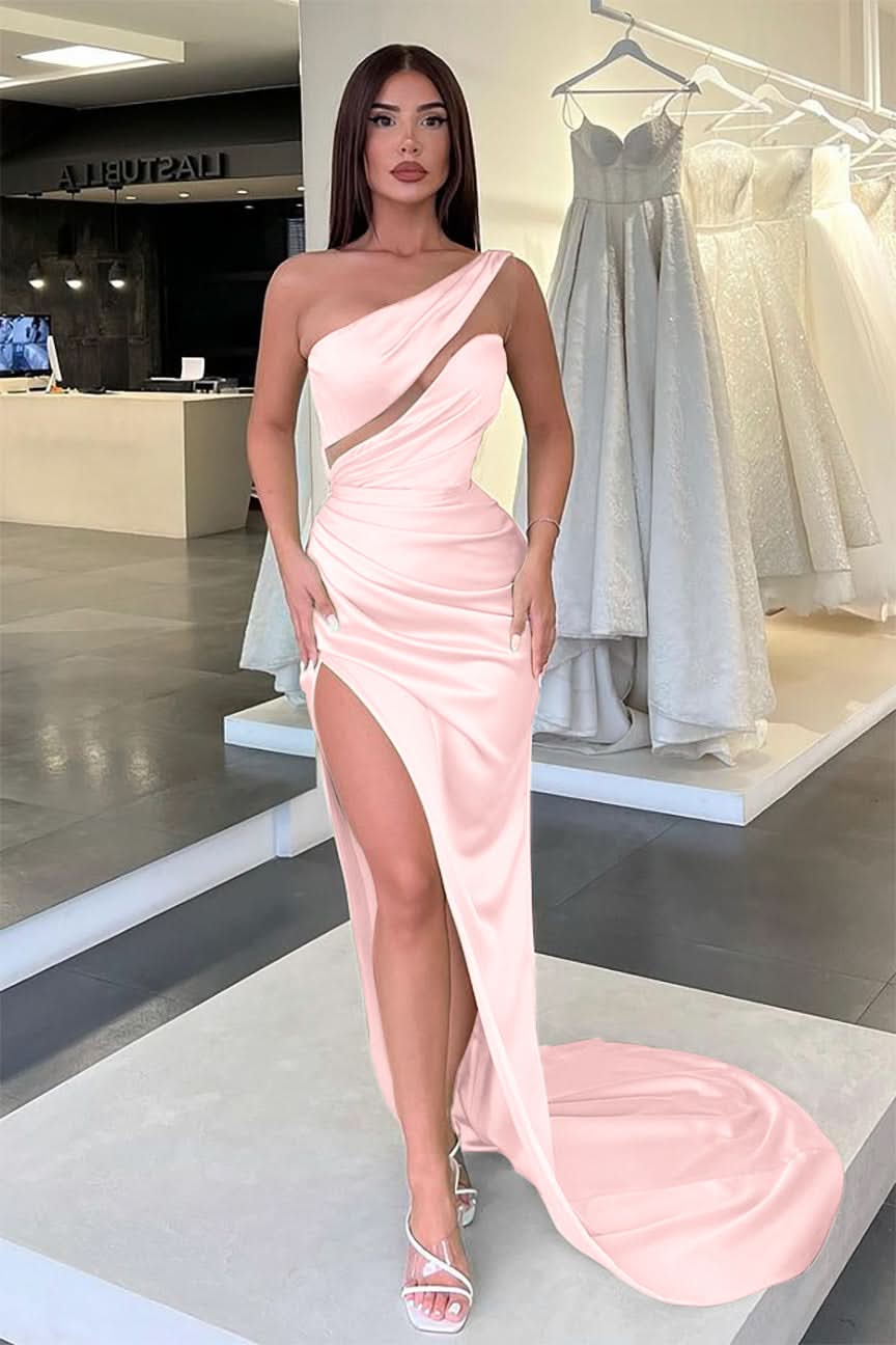 Light Green One-Shoulder Sleeveless Long Slit Evening Dress BM bride