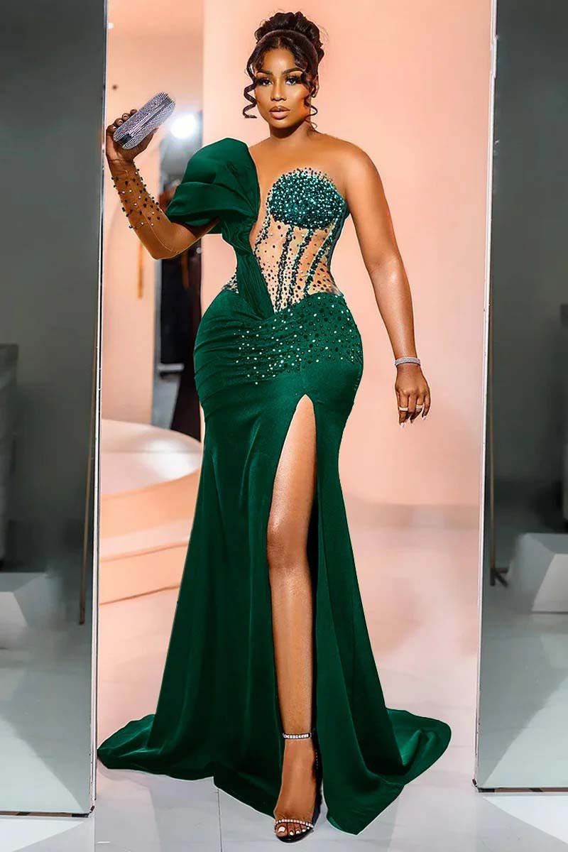One Shoulder Long Sleeve Long Mermaid Prom Dress With Beading BMBRIDE