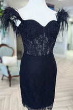 Sparkly Black Corset Lace Feathers Tight Short Homecoming Dress