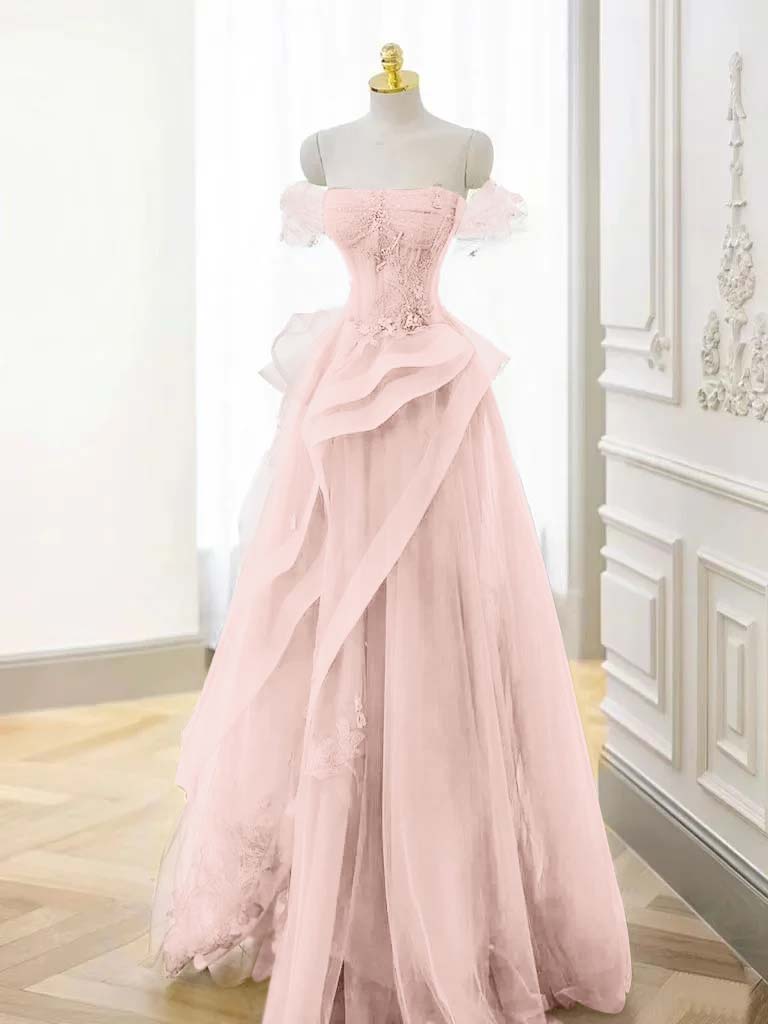 Tulle Off the Shoulder Sleeveless Long Prom Dress With Appliques BMBRIDE