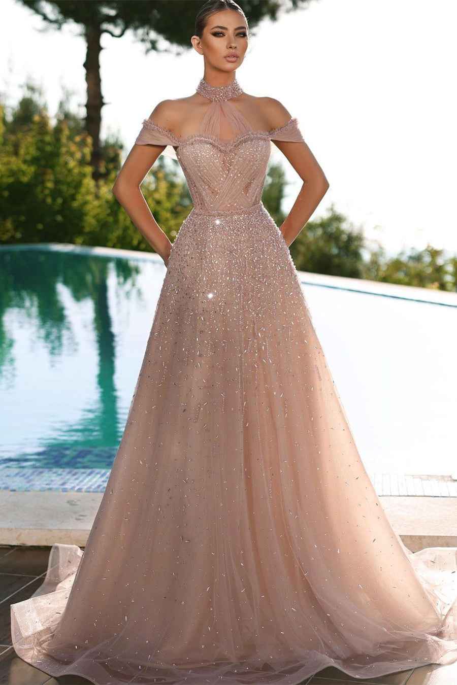 Champagne Off the Shoulder A Line Prom Dress Halter Tulle With Appliques