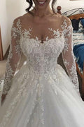 Princess Long Sleeve White Wedding Dress with Appliques BM bride