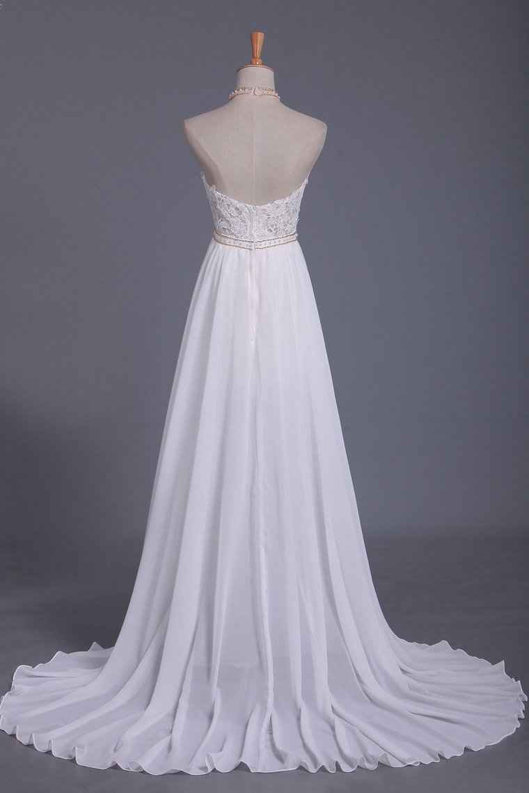 Halter Backless Chiffon A-Line Wedding Dress with Ruffles and Pearl Lace BM bride