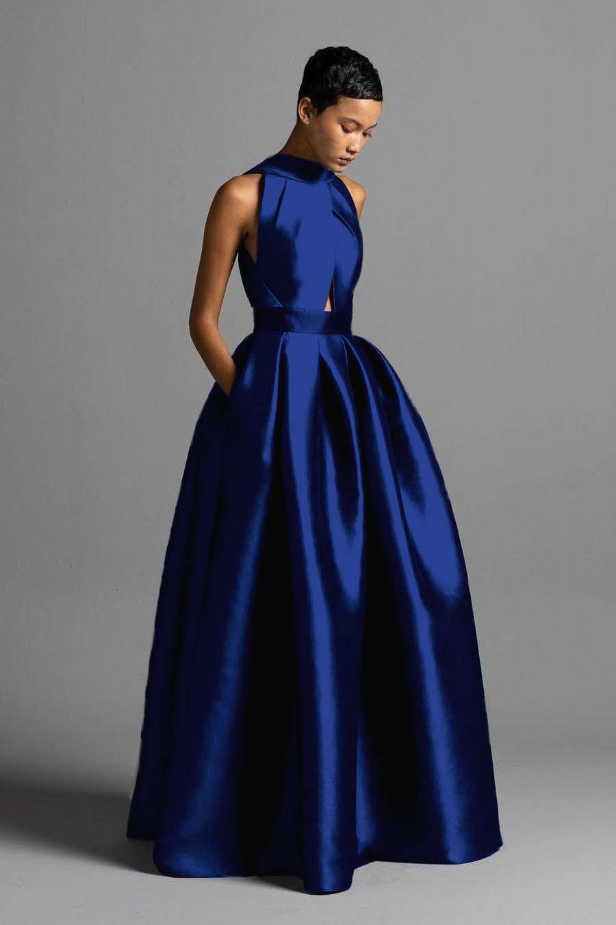 Halter Sleeveless High Waist Long Prom Dress With Pocket Pleated BMBRIDE
