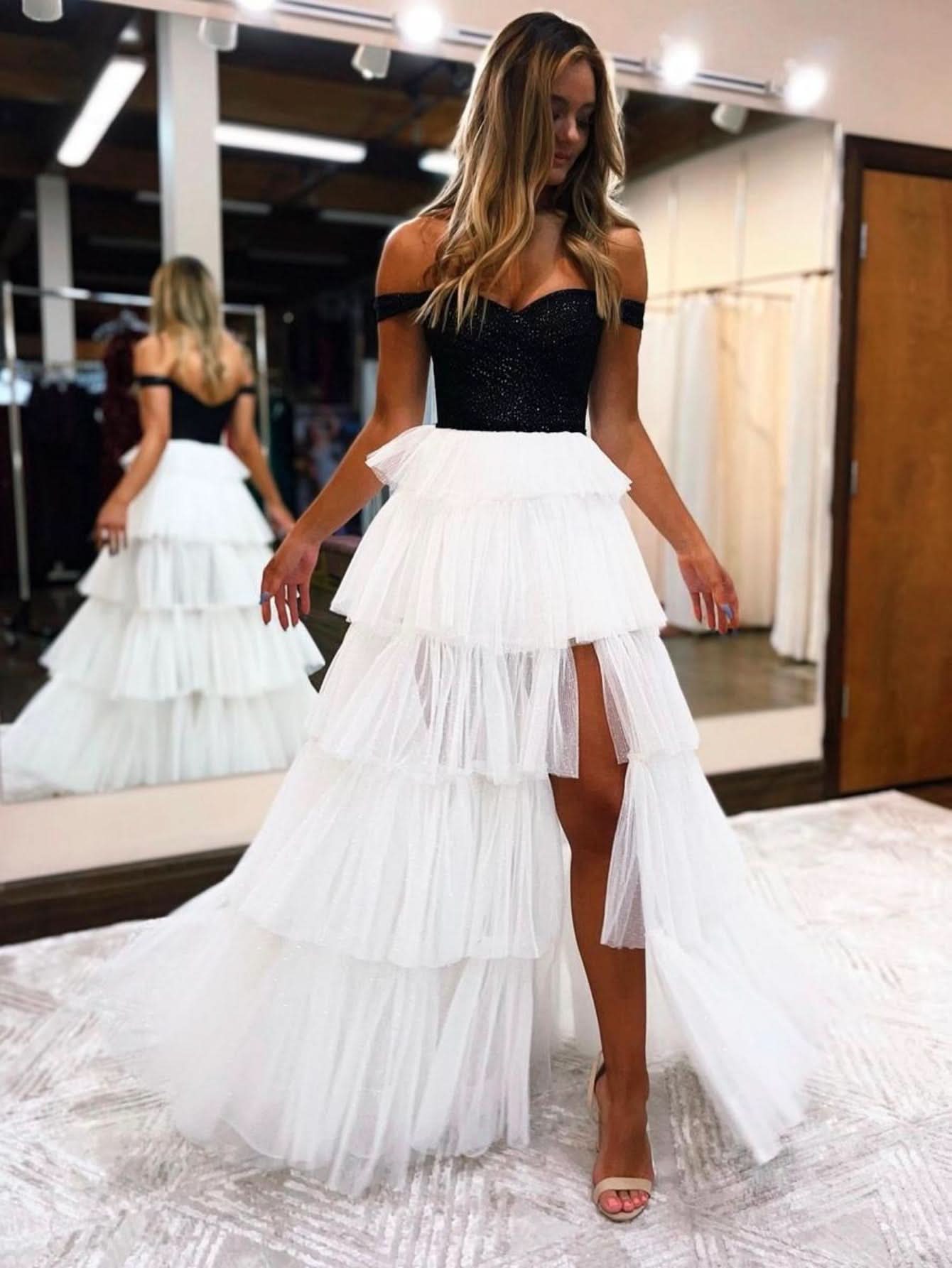 Chic Black and White A-Line Strapless Tiered Long Prom Dress BM bride