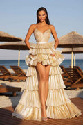 Chic Strapless Sleeveless V Neck Ruffles Prom Dress With Detachable Skirt