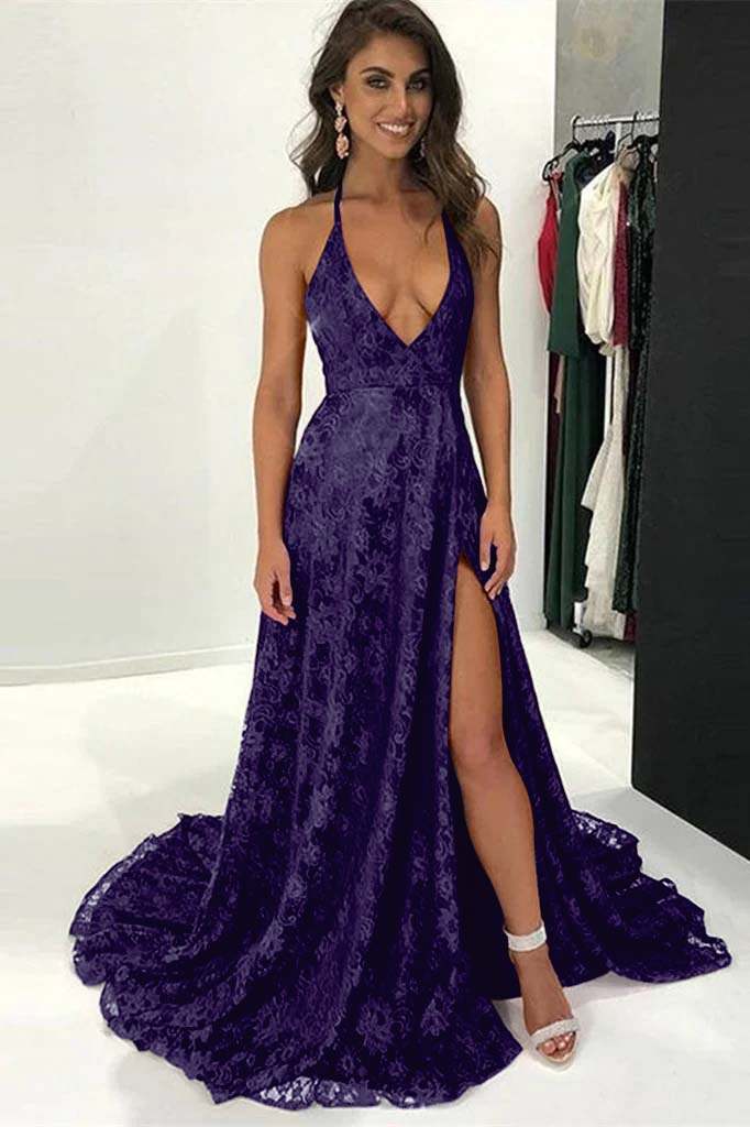 Burgundy Modern Halter Deep V Neck Backless Long Lace Prom Dress With Split BMBRIDE