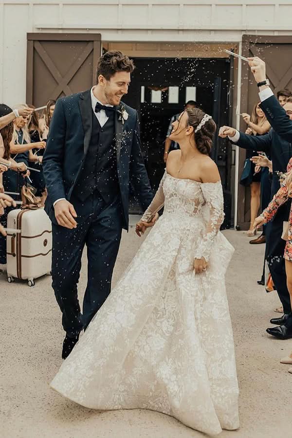 Off-the-Shoulder Long Sleeve A-Line Wedding Dress with Bow and Lace BM bride
