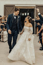 Off-the-Shoulder Long Sleeve A-Line Wedding Dress with Bow and Lace BM bride