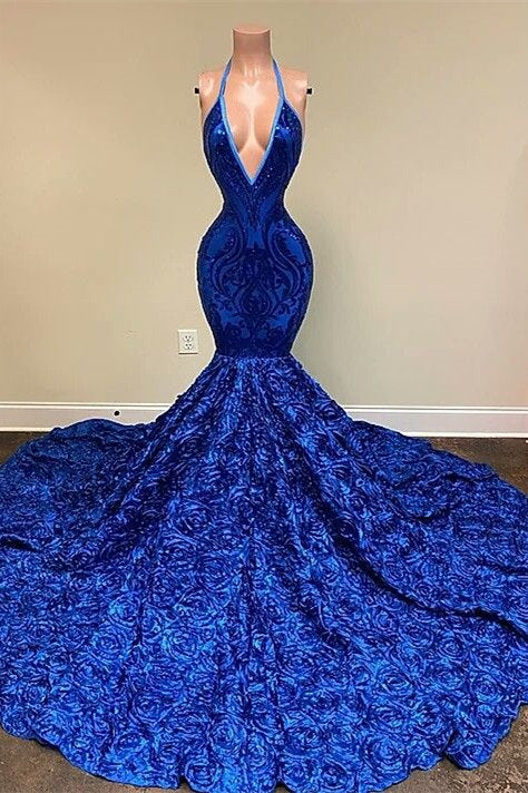 Royal Blue Sleeveless Halter Mermaid Prom Dress with Sequins and Floral Bottom BM bride