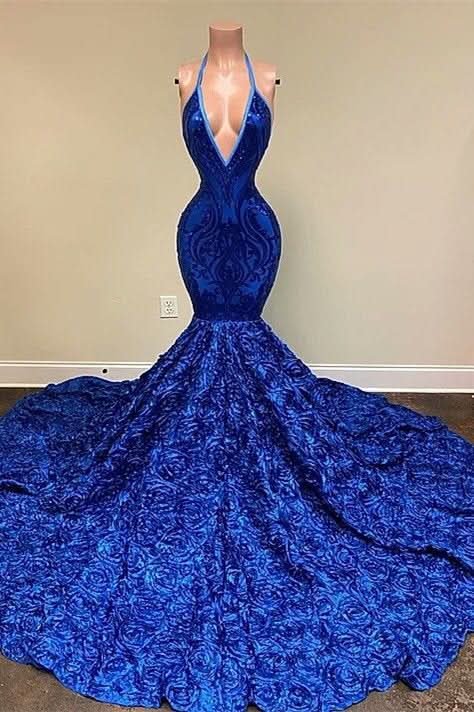 Royal Blue Sleeveless Halter Mermaid Prom Dress with Sequins and Floral Bottom BM bride