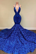 Royal Blue Sleeveless Halter Mermaid Prom Dress with Sequins and Floral Bottom BM bride