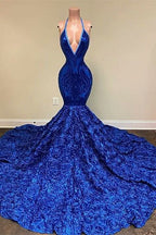 Royal Blue Sleeveless Halter Mermaid Prom Dress with Sequins and Floral Bottom BM bride
