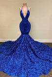 Royal Blue Sleeveless Halter Mermaid Prom Dress with Sequins and Floral Bottom BM bride