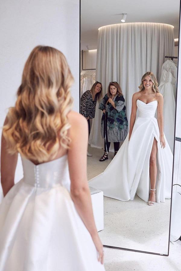 Sweetheart Satin A-Line Floor-Length Wedding Dress with Slit and Ruffles BM bride