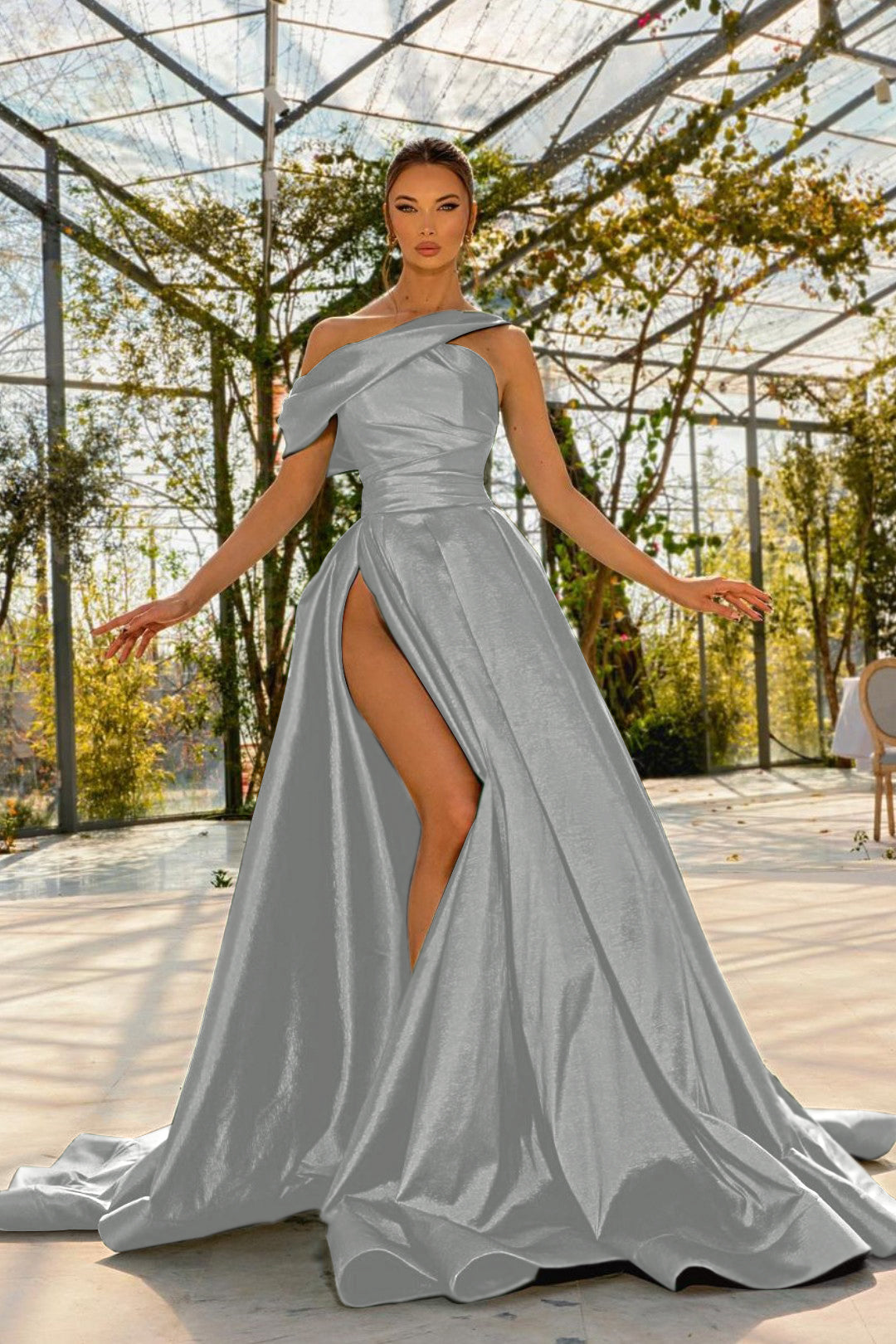 Green Sleeveless Prom Dress One Shoulder Satin With High Split