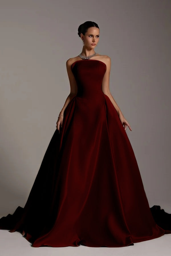 Chic Strapless Sleeveless A Line Long Prom Dress With Pleated BMBRIDE