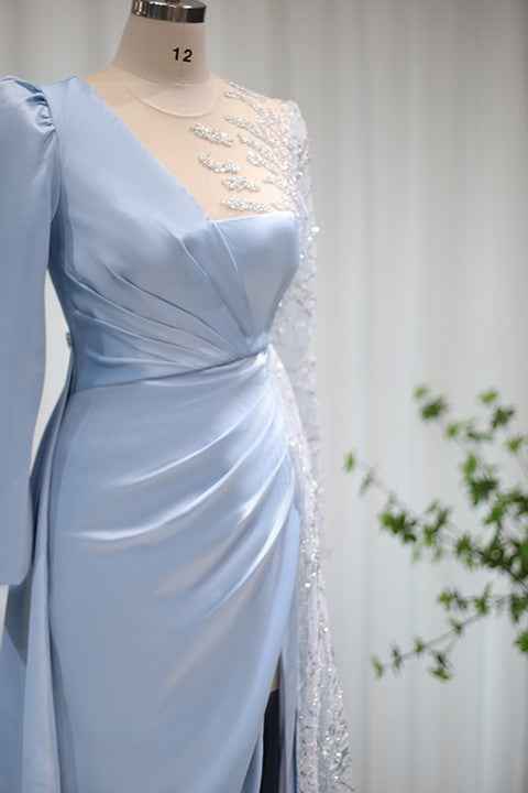 Baby Blue A Line Prom Dress Long Sleeves With Sparkle Sequins Ruffles