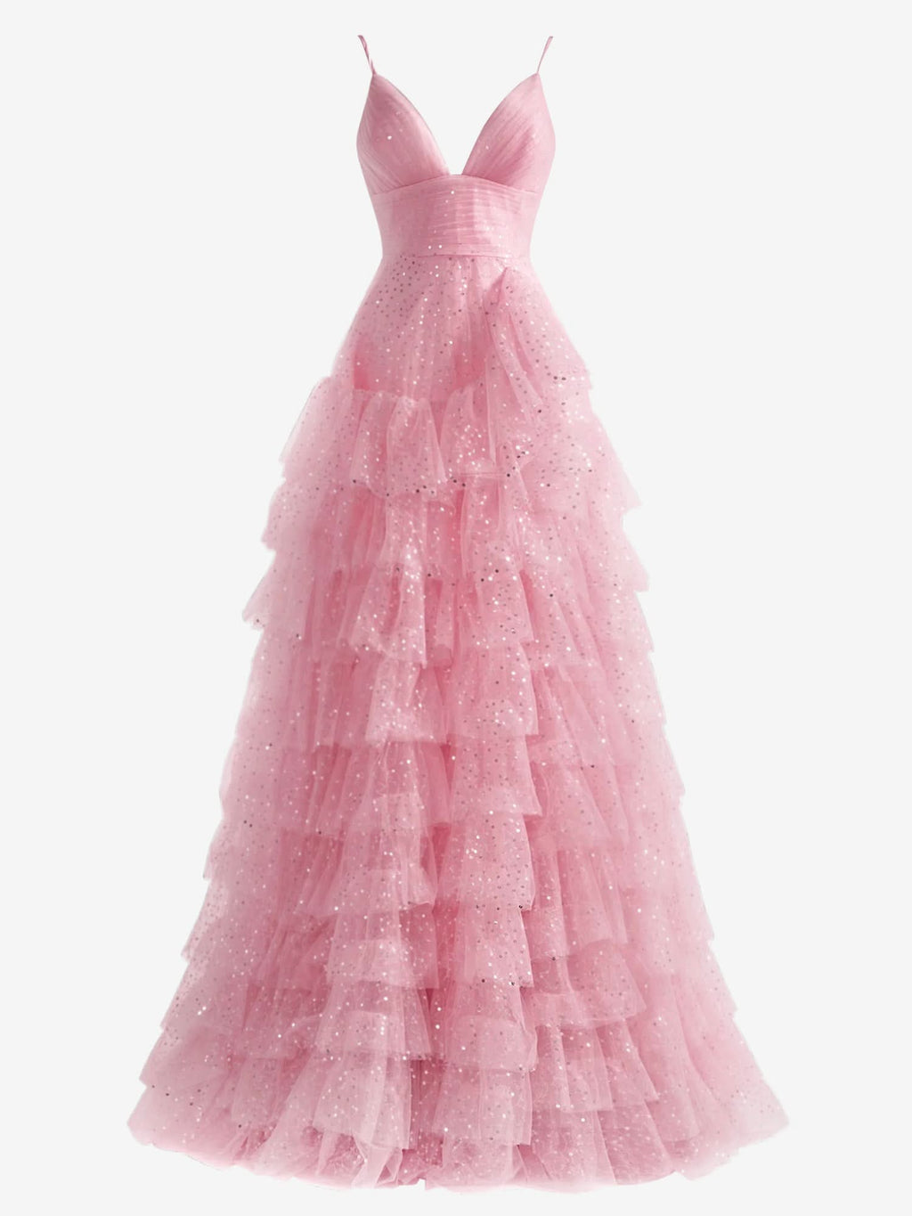 Sweet Light Pink A-Line Tiered Spaghetti Straps Tulle Prom Dress BM bride