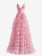 Sweet Light Pink A-Line Tiered Spaghetti Straps Tulle Prom Dress BM bride