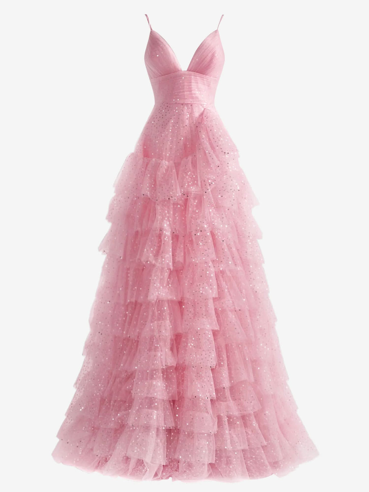 Sweet Light Pink A-Line Tiered Spaghetti Straps Tulle Prom Dress BM bride