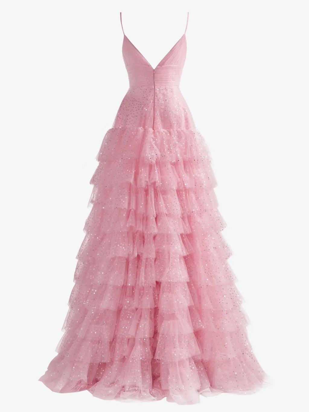 Sweet Light Pink A-Line Tiered Spaghetti Straps Tulle Prom Dress BM bride