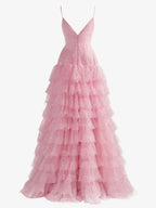 Sweet Light Pink A-Line Tiered Spaghetti Straps Tulle Prom Dress BM bride