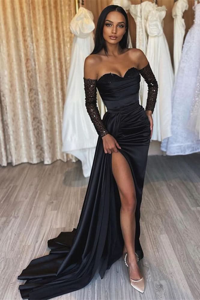 BMbride Amazing Long Black Mermaid Split Front Sequined Prom Dress BMbride