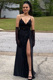 BMbride Amazing Long Black V-neck Spaghetti Straps Lace Sleeveless Prom Dress With Slit BMbride