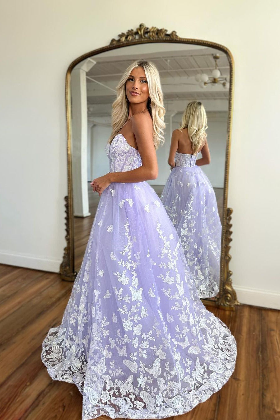 BMbride Amazing Long Lilac A-line Sweetheart Strapless Prom Dress With Lace BMbride