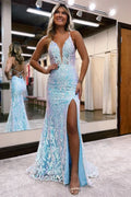 Amazing Long Mermaid V-neck Sleeveless Lace Prom Dress with an Alluring Slit BM bride