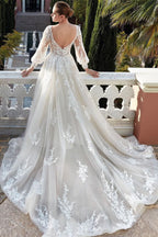 BMbride Amazing V-neck Backless Long Sleeves A-line Appliques Wedding Dress BMbride