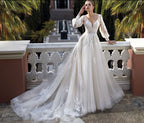 BMbride Amazing V-neck Backless Long Sleeves A-line Appliques Wedding Dress BMbride