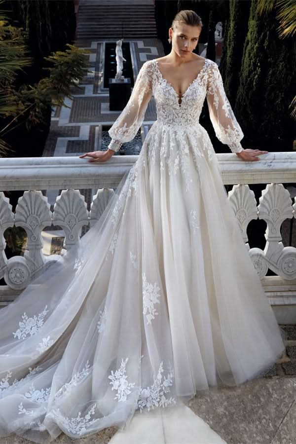 BMbride Amazing V-neck Backless Long Sleeves A-line Appliques Wedding Dress BMbride