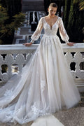 BMbride Amazing V-neck Backless Long Sleeves A-line Appliques Wedding Dress BMbride