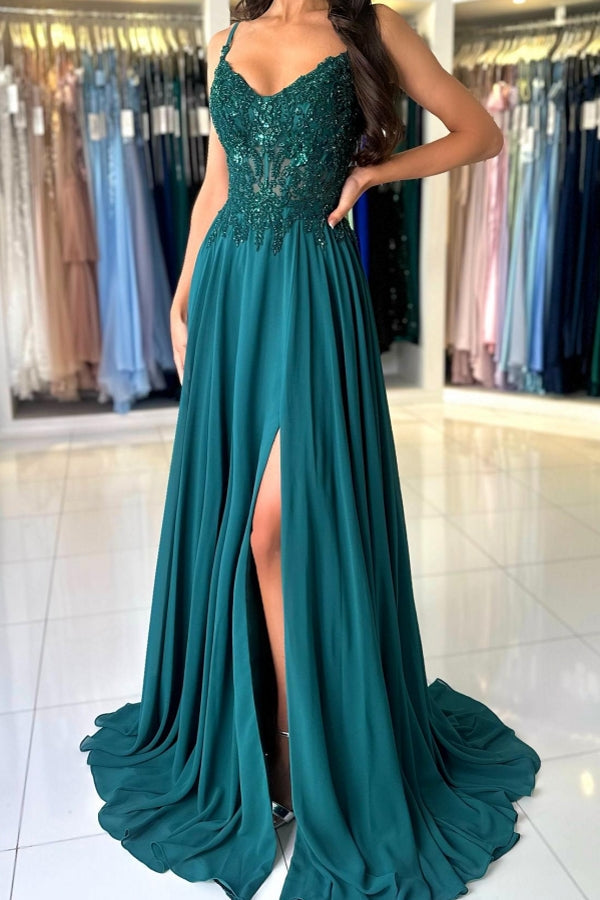 BMbride Attractive Long Green A-line Spaghetti Straps Lace Prom Dress with Slit BMbride