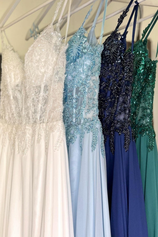 BMbride Attractive Long Green A-line Spaghetti Straps Lace Prom Dress with Slit BMbride