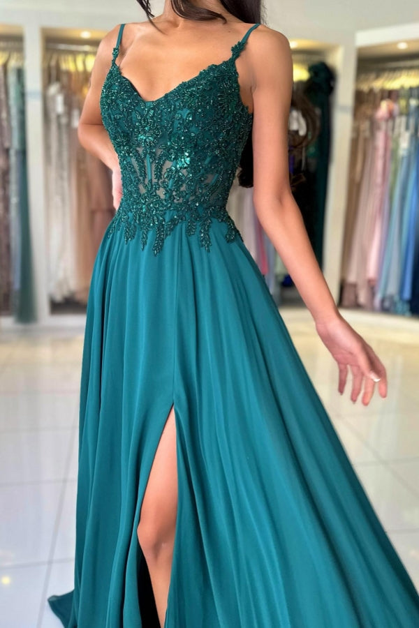 BMbride Attractive Long Green A-line Spaghetti Straps Lace Prom Dress with Slit BMbride