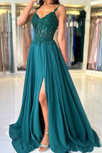 BMbride Attractive Long Green A-line Spaghetti Straps Lace Prom Dress with Slit BMbride
